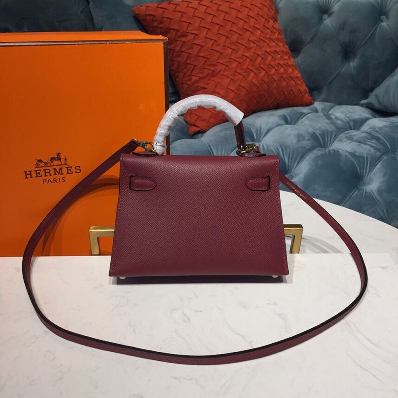 H**me5 Mini Kelly Burgundy For Women Gold Toned Hardware 7.5in/19cm