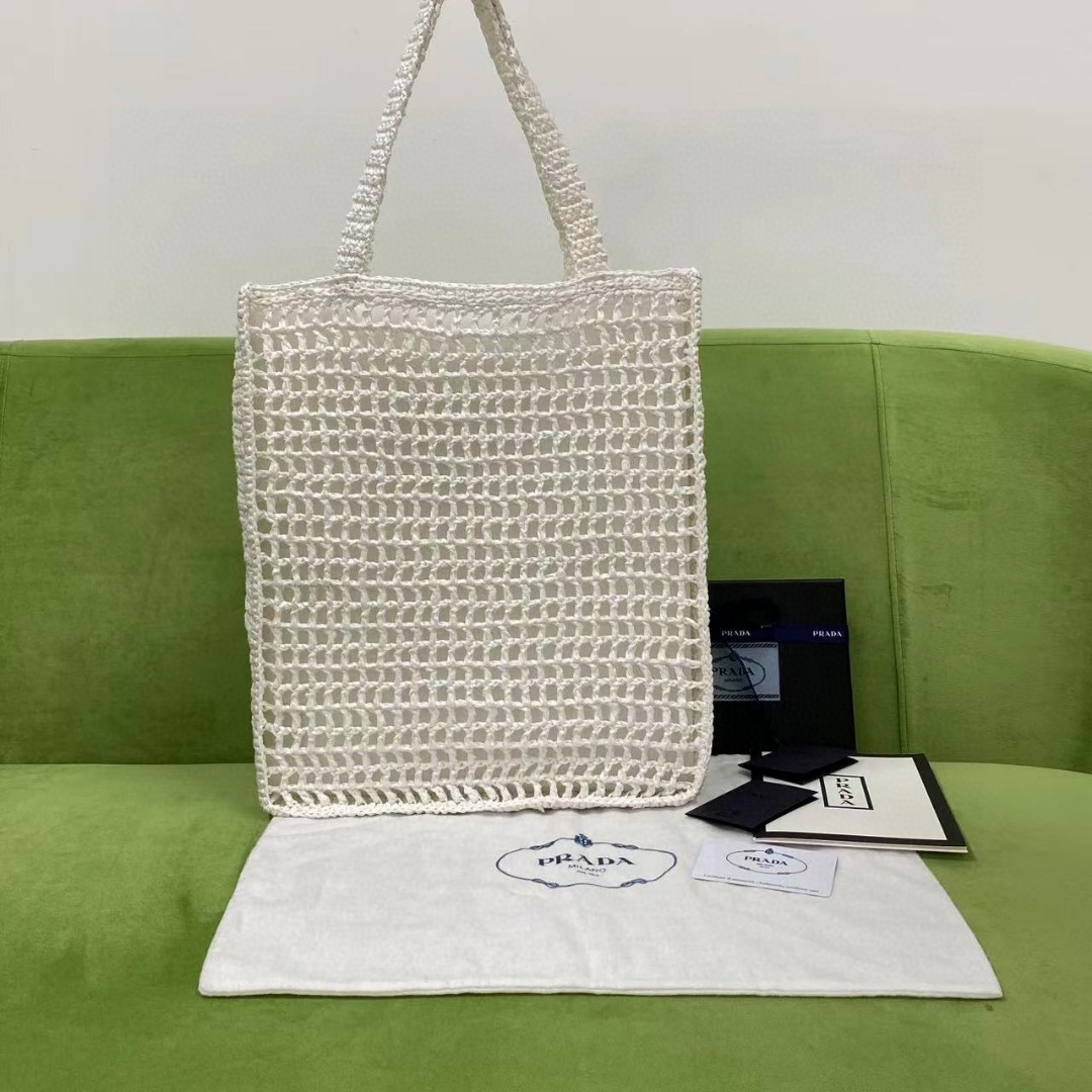Pra*a Raffia Tote Bag White For Women, Women’s Bags 14.9in/38cm 1BG393_2A2T_F0009_V_OOO