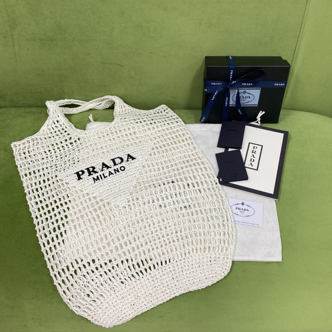 Pra*a Raffia Tote Bag White For Women, Women’s Bags 20in/51cm 1BG424_2A2T_F0009_V_OOO
