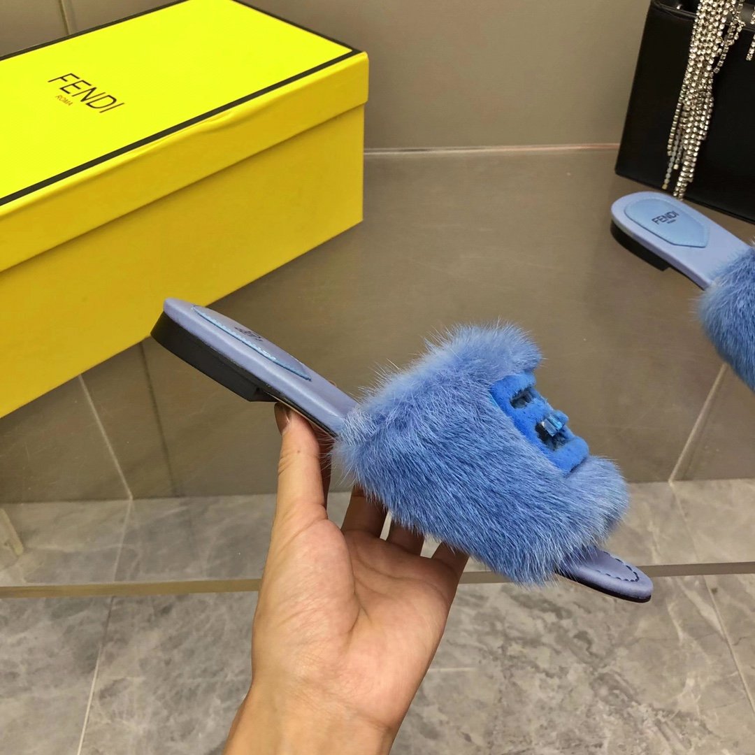 F**di Signature Blue Mink Slides For Women