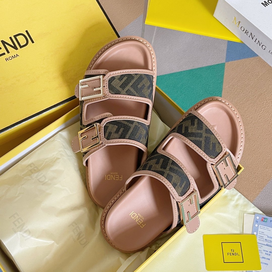 F**di Feel Brown FF Fabric Slides For Women 8X8326AEGVF1HHG