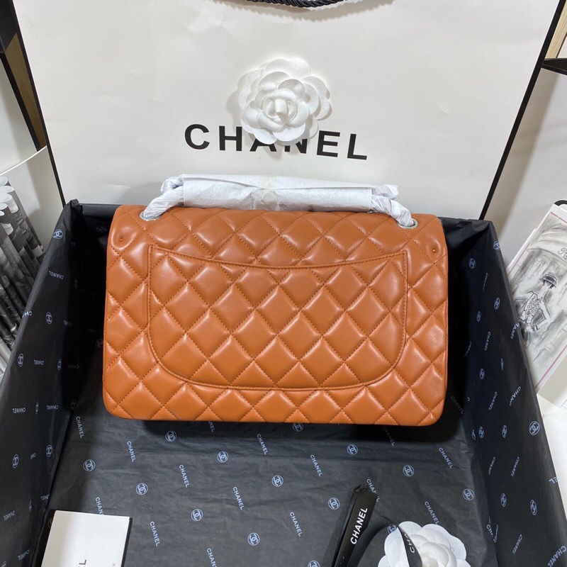 Ch**el Large Classic Handbag Silver Hardware Brown For Women, Women’s Handbags, Shoulder Bags 11.8in/30cm