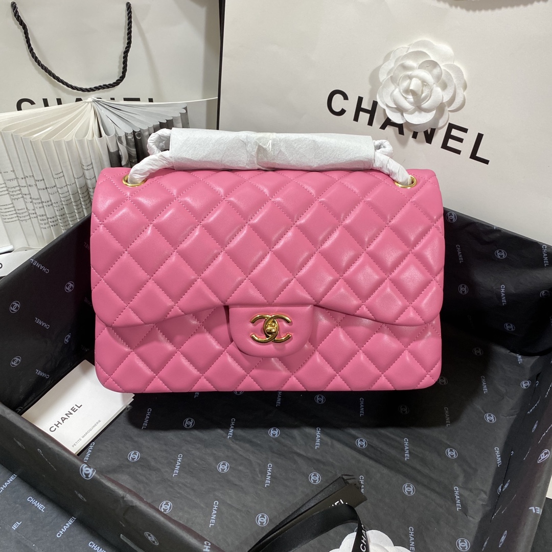 Ch**el Large Classic Handbag Gold Hardware Pink For Women, Women’s Handbags, Shoulder Bags 11.8in/30cm
