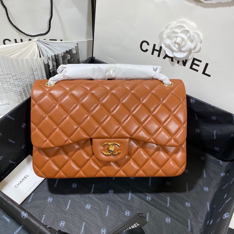 Ch**el Large Classic Handbag Gold Hardware Brown For Women, Women’s Handbags, Shoulder Bags 11.8in/30cm