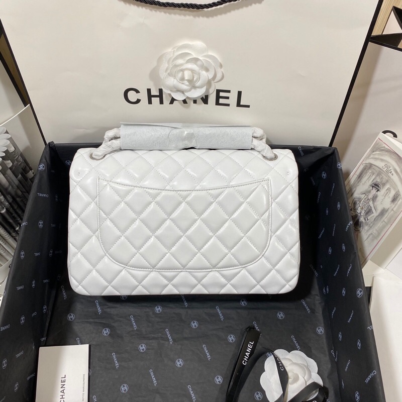 Ch**el Large Classic Handbag Silver Hardware White For Women, Women’s Handbags, Shoulder Bags 11.8in/30cm
