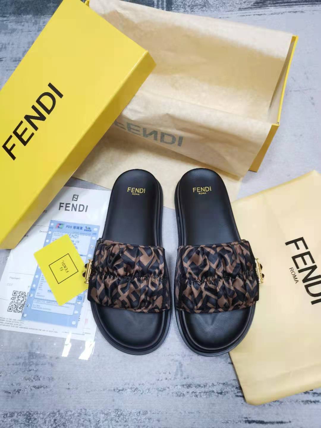 F**di Feel Brown Satin Slides For Women 8X8142AE7SF0R7V