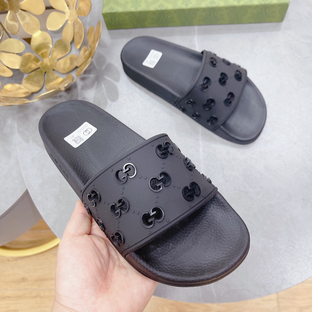 Gvc*1 Men’s Rubber GG Slide Sandals Black For Men 573922 JDR00 1000