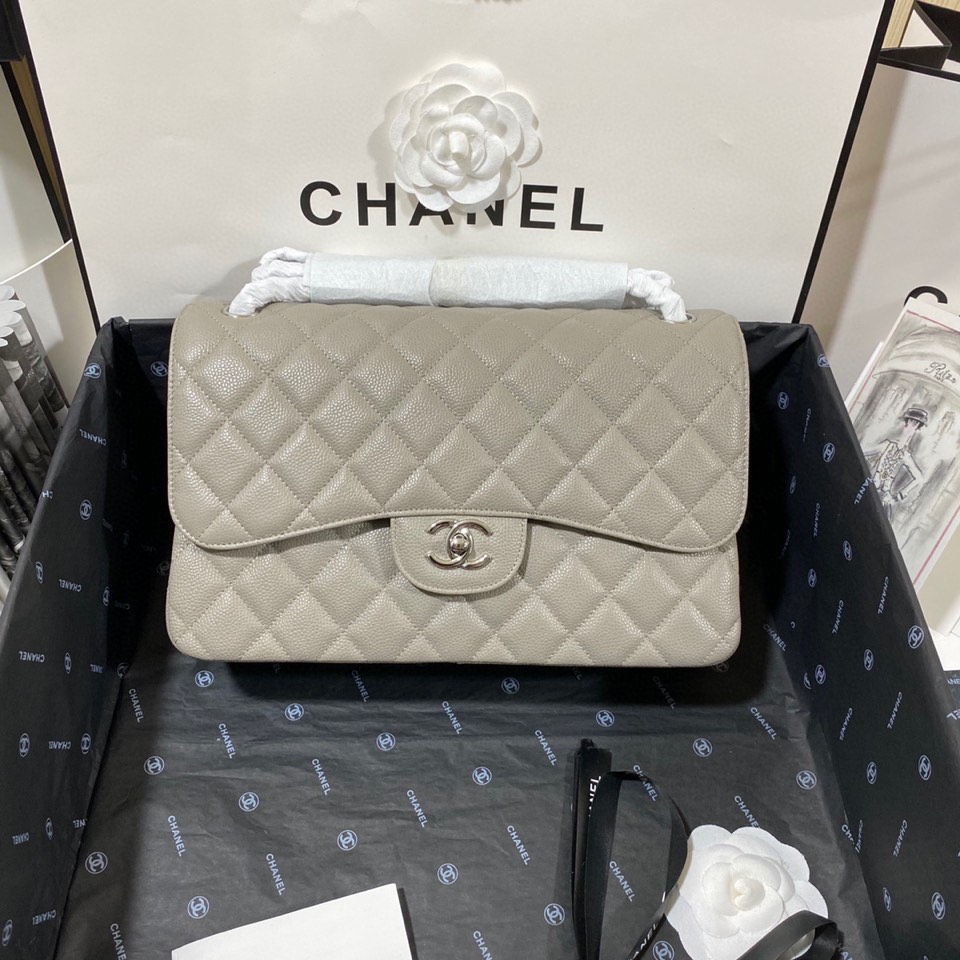 Ch**el Large Classic Handbag Silver Hardware Grey For Women, Women’s Handbags, Shoulder Bags 11.8in/30cm