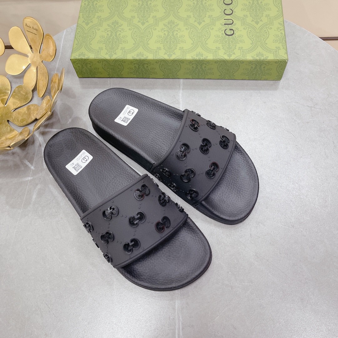 Gvc*1 Men’s Rubber GG Slide Sandals Black For Men ‎573922 JDR00 1000