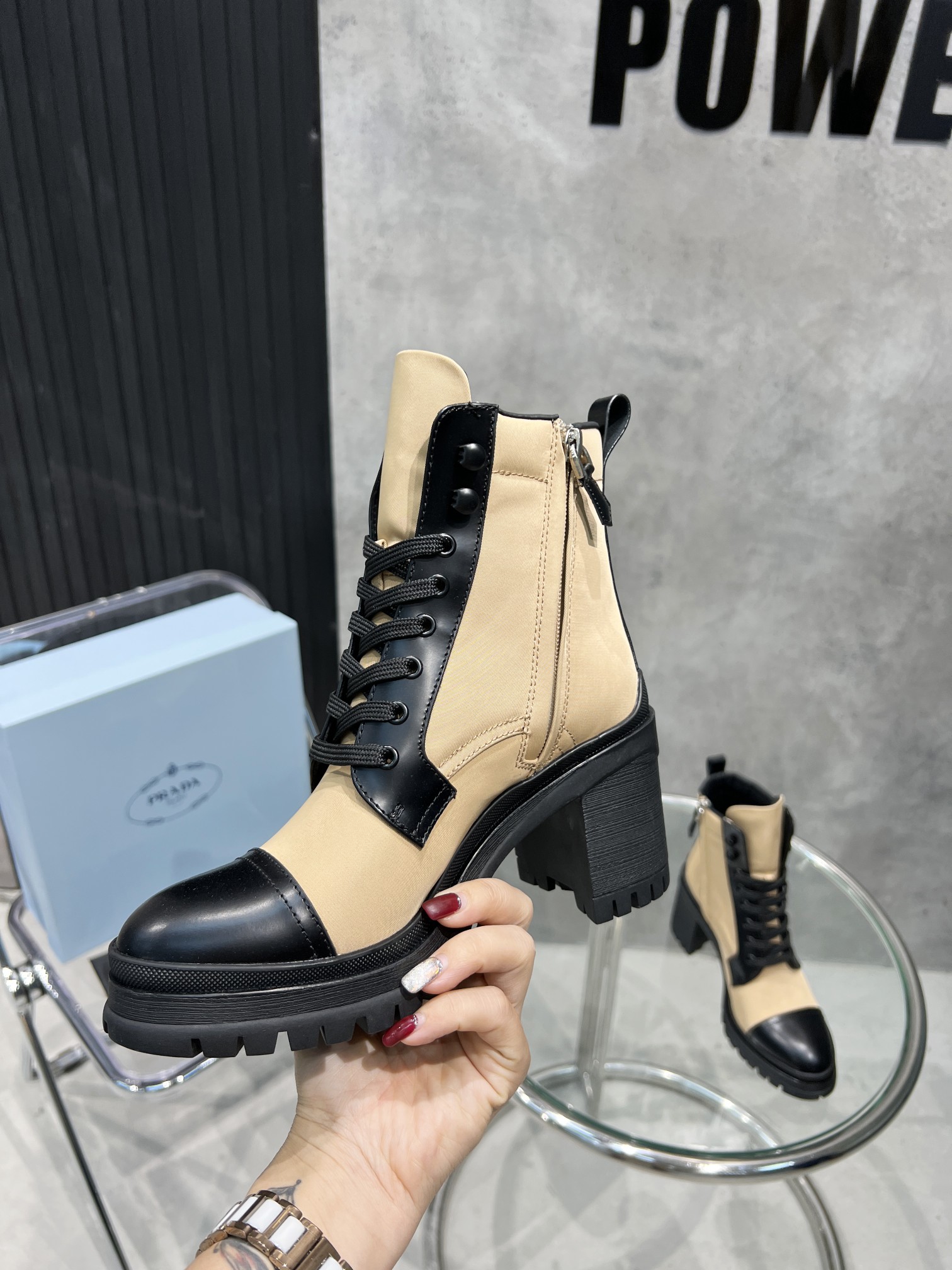 Pra*a Tronchetti Lace-Up Boots Beige For Women PRD