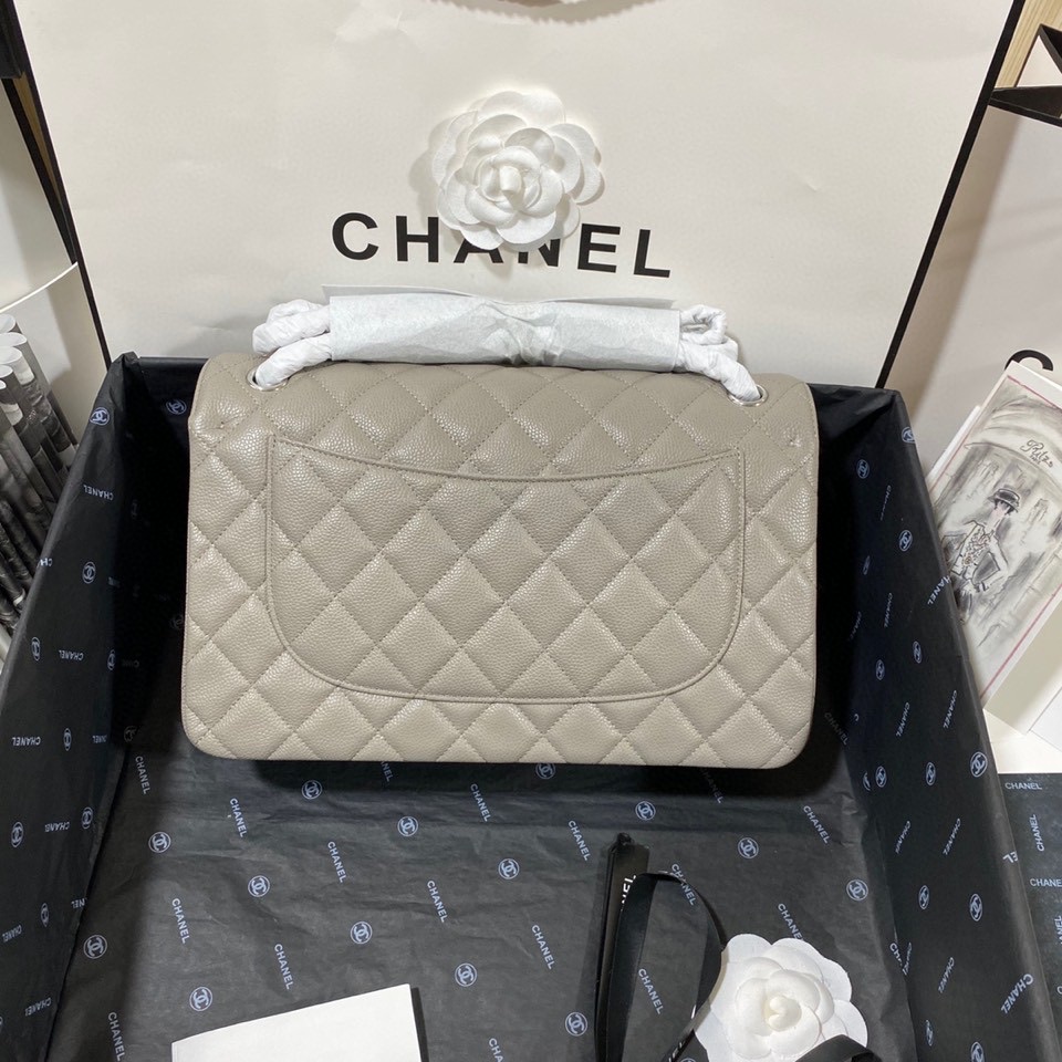 Ch**el Large Classic Handbag Silver Hardware Grey For Women, Women’s Handbags, Shoulder Bags 11.8in/30cm