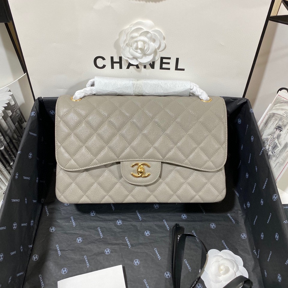 Ch**el Large Classic Handbag Gold Hardware Grey For Women, Women’s Handbags, Shoulder Bags 11.8in/30cm