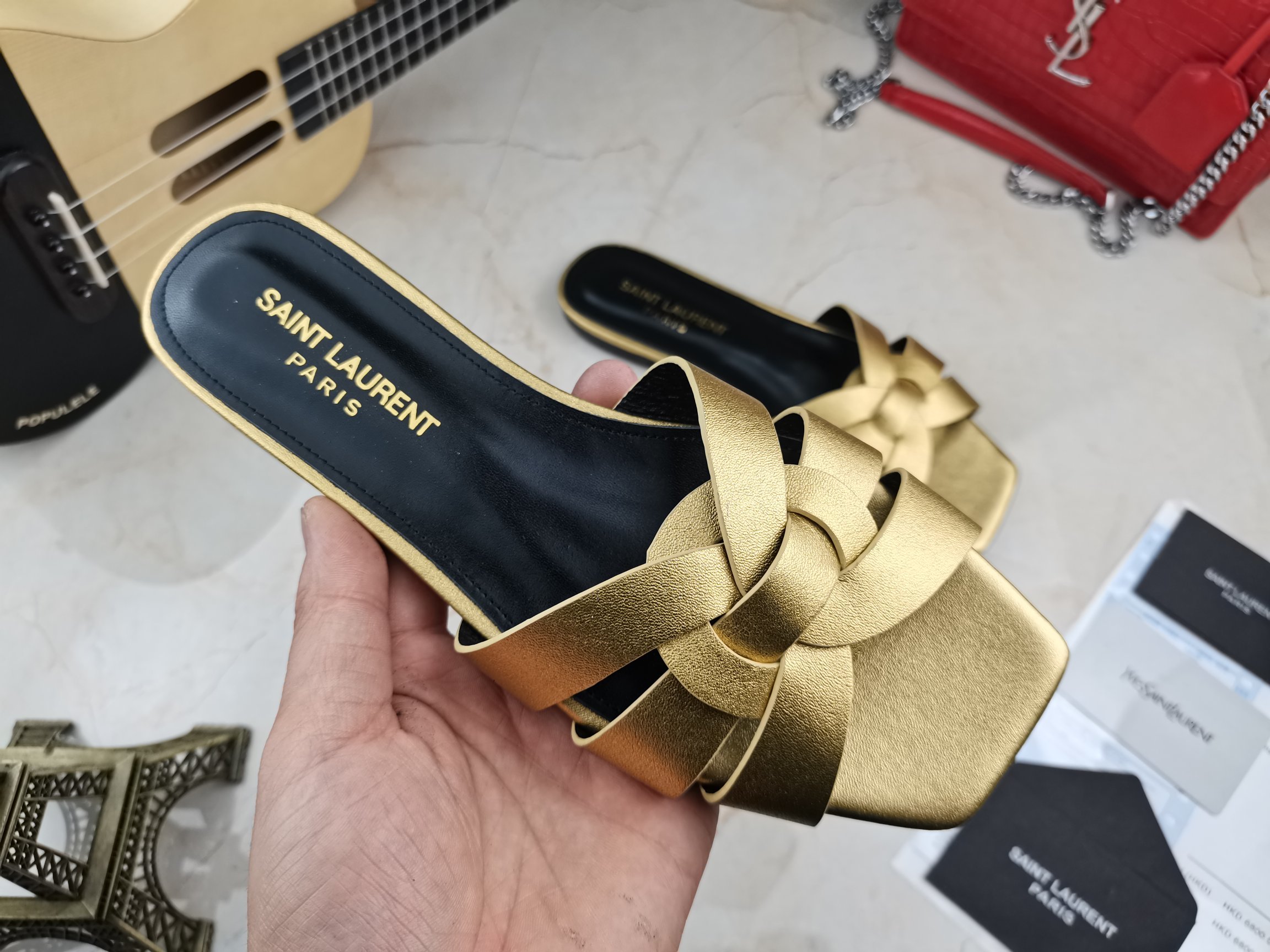 Sa1nt Lau*nt Women’s Tribute Flat Mules Gold For Women Y51