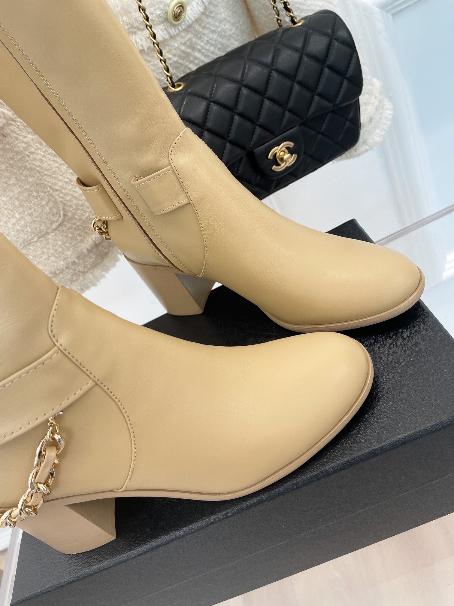 Ch**el Women’s High Boots With Chain Beige For Women 3.7in/ 9.5cm