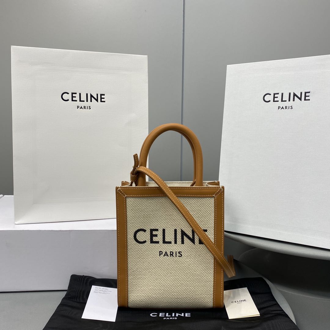 Ce1i*e Mini Vertical Cabas Ce1i*e In Textile With Ce1i*e Print White/Brown For Women 8in/20cm 193302BNZ.02NT