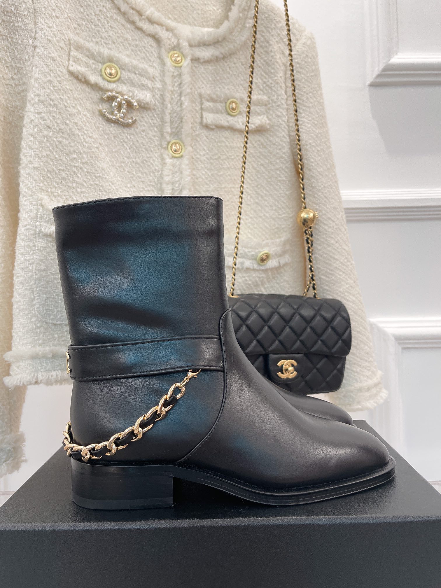 Ch**el Women’s Ankle Boots With Chain Black For Women 1.5in/4cm