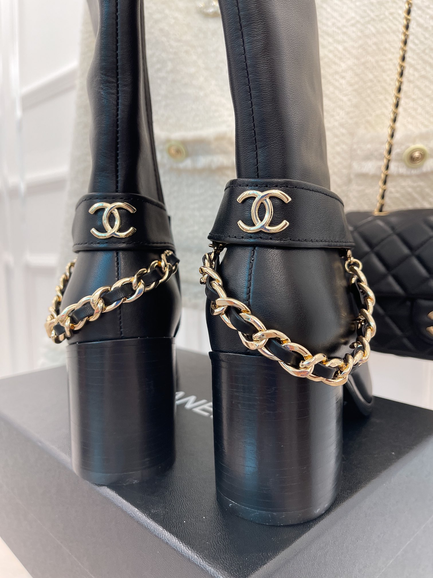 Ch**el Women’s High Boots With Chain Black For Women 3.7in/ 9.5cm