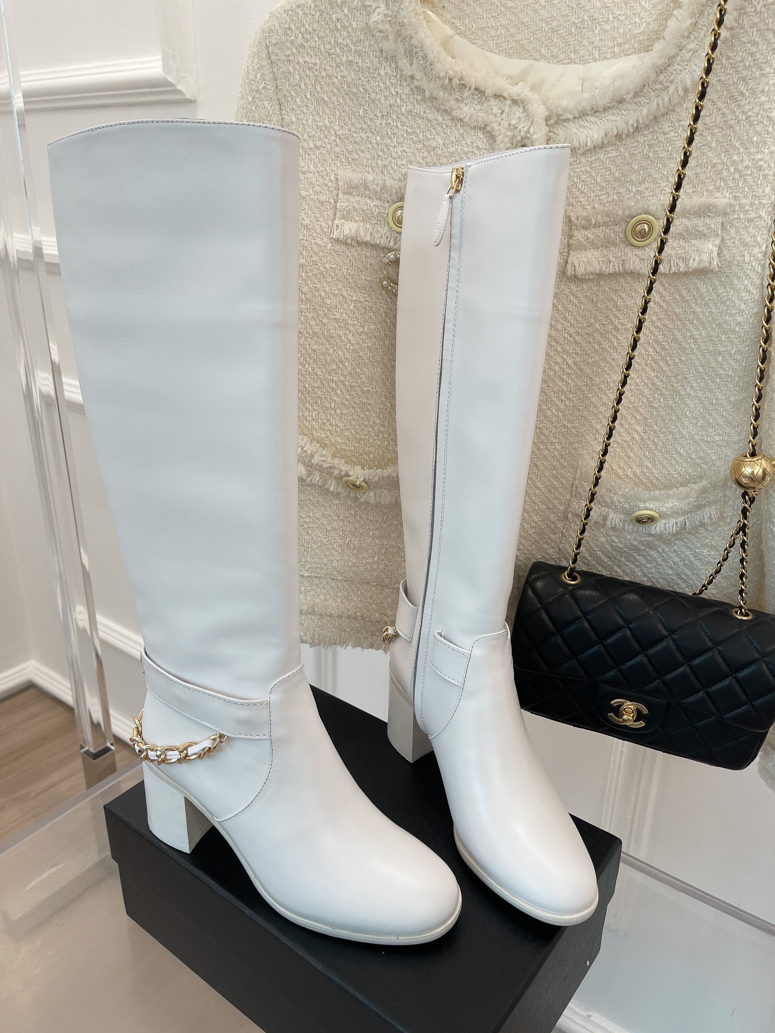 Ch**el Women’s High Boots With Chain White For Women 3.7in/ 9.5cm