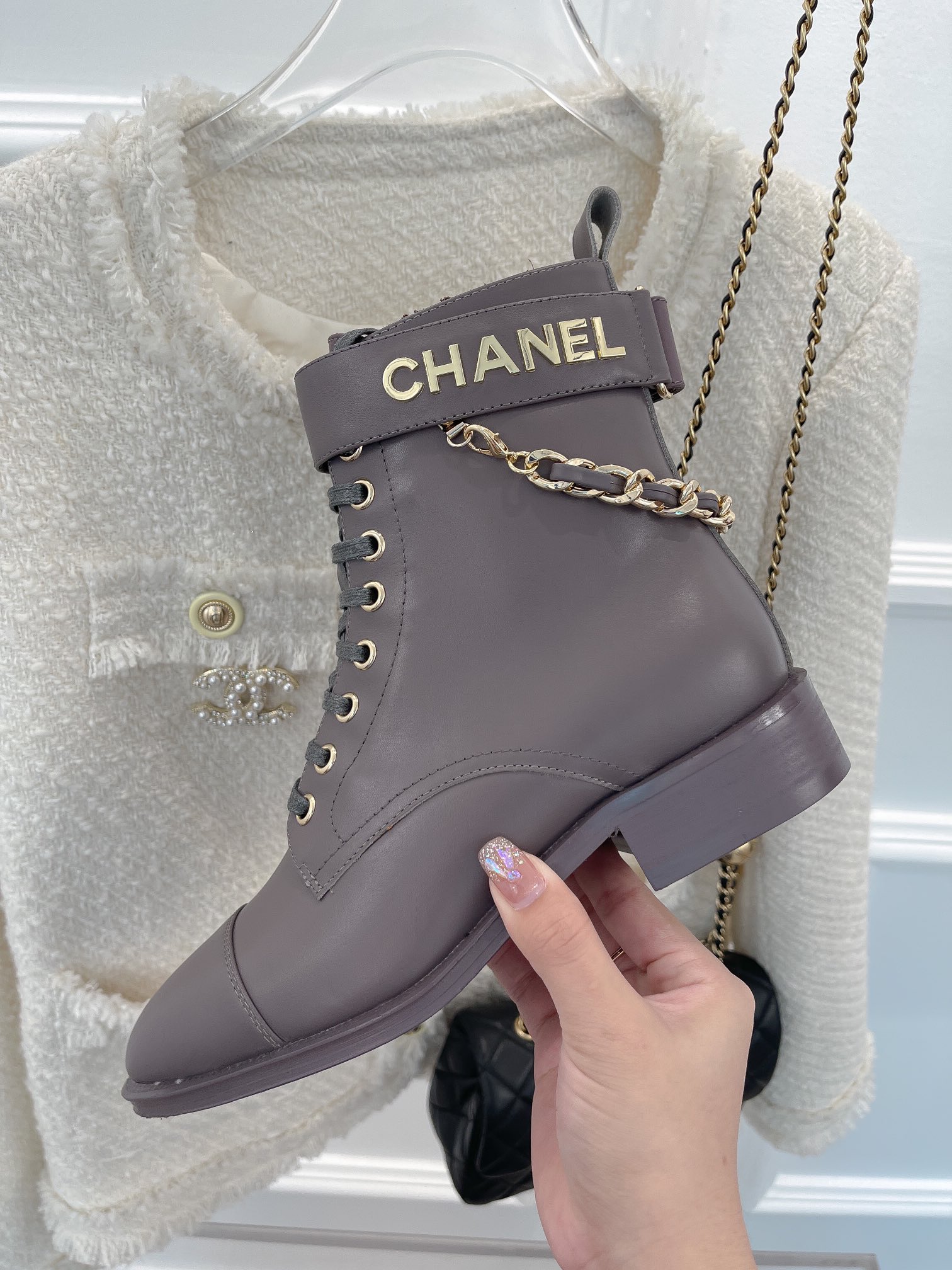 Ch**el Women’s Lace-Up With Chain Light Violet For Women 1.5in/4cm